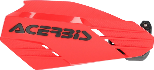 Red and black Acerbis K-Linear handguards for motorcycle protection, shown mounted on bike handlebars.