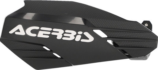 Acerbis Linear handguards in black and white mounted on motorcycle handlebars, providing protection and style.