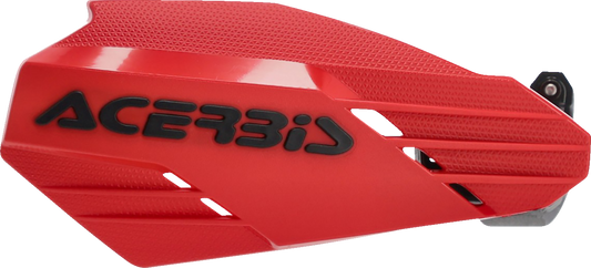Acerbis Linear handguards in red and black mounted on a motorcycle handlebar, providing protection against debris and impact.
