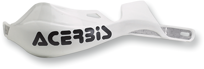 Acerbis Rally Pro white handguards mounted on motorcycle handlebars, designed for protection and durability.