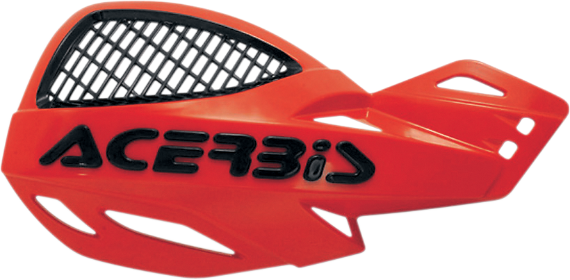 Acerbis Uniko vented red handguards for motorcycle, mounted on handlebars, providing protection and a vibrant color contrast.
