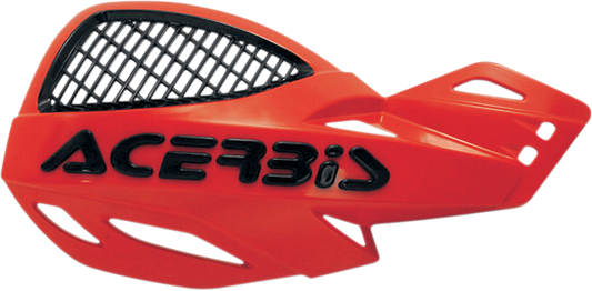 Acerbis Uniko vented red handguards for motorcycle, mounted on handlebars, providing protection and a vibrant color contrast.