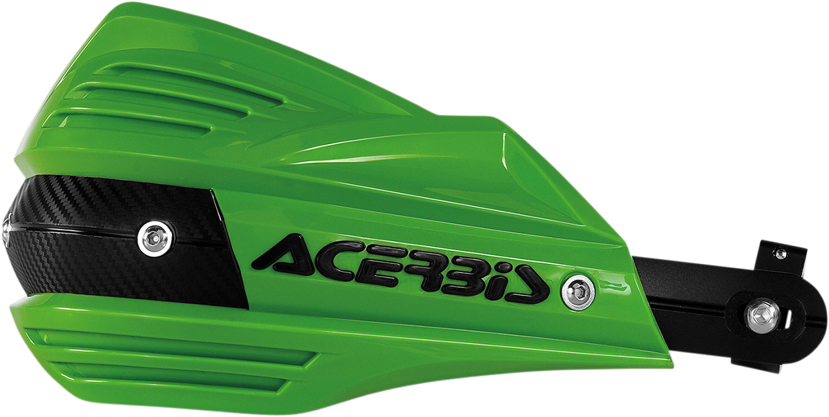 Acerbis X-Factor green handguards for motorcycle, mounted on handlebars, providing protection with a sleek body design.