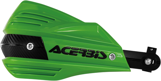 Acerbis X-Factor green handguards for motorcycle, mounted on handlebars, providing protection with a sleek body design.