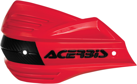 Acerbis X-Factor red handguards for motorcycle handlebars, featuring durable plastic protection with brand logo details.