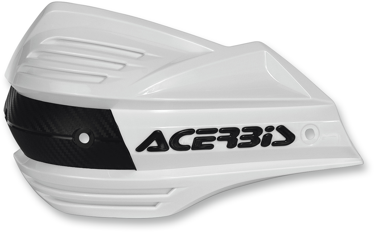 Acerbis X-Factor white handguards for motorcycles, featuring durable body protection, displayed on a plain background.