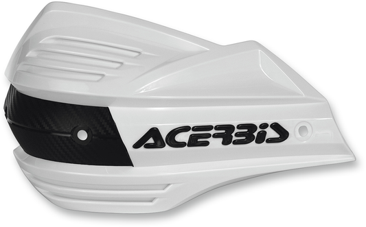 Acerbis X-Factor white handguards for motorcycles, featuring durable body protection, displayed on a plain background.