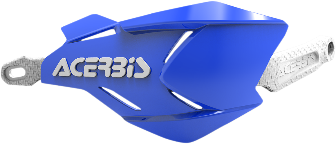 Acerbis X-Factory handguards in blue and white mounted on motorcycle handlebars, designed for protection and style.