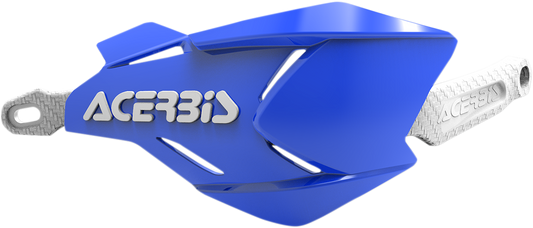 Acerbis X-Factory handguards in blue and white mounted on motorcycle handlebars, designed for protection and style.