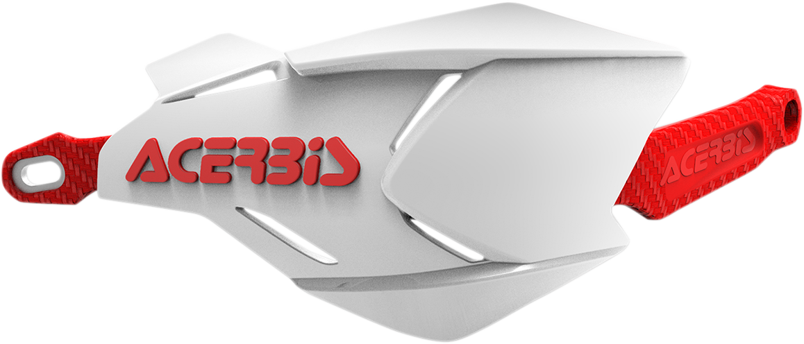 Acerbis X-Factory handguards in white and red mounted on motorcycle handlebars, providing protection for riders.