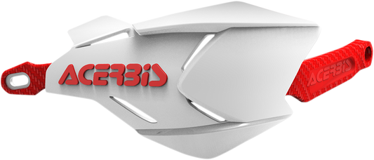 Acerbis X-Factory handguards in white and red mounted on motorcycle handlebars, providing protection for riders.