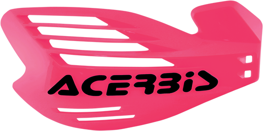 Pink Acerbis X-Force handguards mounted on a motorcycle handlebar, providing protection and style.