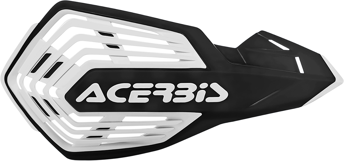 Acerbis X-Future black and white motorcycle handguards mounted on handlebars, designed for protection and style.