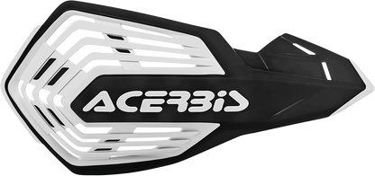 Acerbis X-Future black and white motorcycle handguards mounted on handlebars, designed for protection and style.
