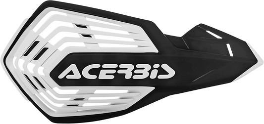 Acerbis X-Future black and white motorcycle handguards mounted on handlebars, designed for protection and style.