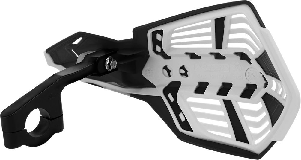 Acerbis X-Future black and white motocross handguards mounted on a bike handlebar, providing protection for rider's hands.