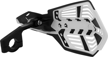 Acerbis X-Future black and white motocross handguards mounted on a bike handlebar, providing protection for rider's hands.