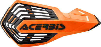Acerbis X-Future Handguards in orange and black attached to motorcycle handlebars, providing protection and style.