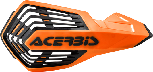 Acerbis X-Future Handguards in orange and black attached to motorcycle handlebars, providing protection and style.
