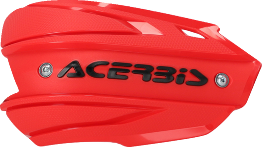 Acerbis Endurance X handshields in red and black mounted on motorcycle handlebars, designed for rider protection and durability.