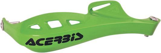 Acerbis Rally Profile handshields in green attached to motorcycle handlebars, providing protection during rally riding.