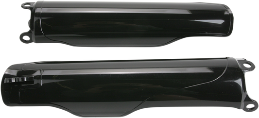 Acerbis black lower fork covers for motorcycle, shown in a close-up image with detailed view of the body and branding.