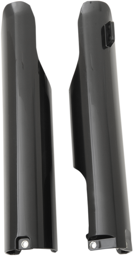 Acerbis black lower fork covers for motorcycles, showing sleek black body protection with product code 2113760001.