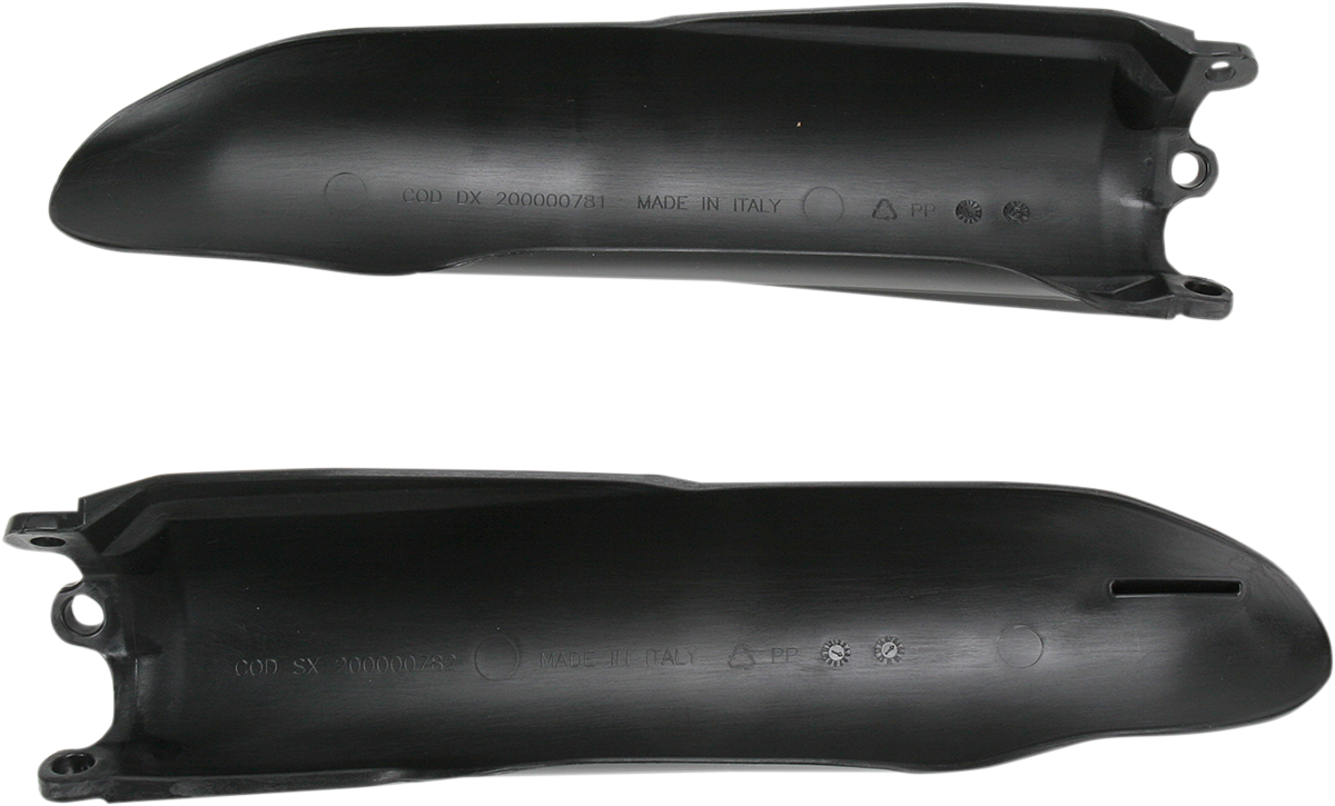 Black Acerbis lower fork covers for motorcycle, designed by Bill's Exhausts, shown on the body of the bike.