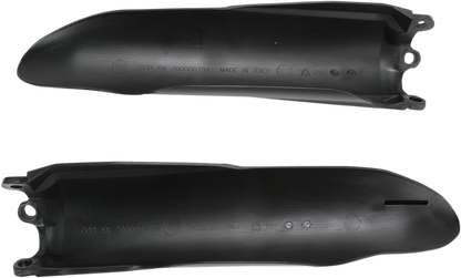 Black Acerbis lower fork covers for motorcycle, designed by Bill's Exhausts, shown on the body of the bike.