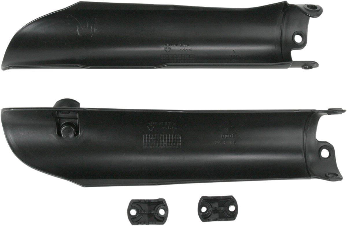 Acerbis black lower fork covers for inverted motorcycle forks, shown on a motorcycle fork assembly.