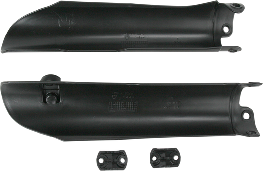 Acerbis black lower fork covers for inverted motorcycle forks, shown on a motorcycle fork assembly.