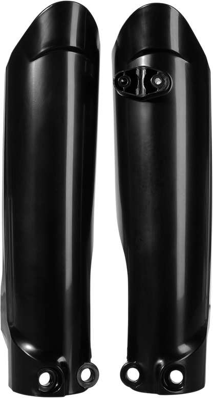 Acerbis black lower fork covers for inverted motorcycle forks, designed for durability and protection, shown on a bike.