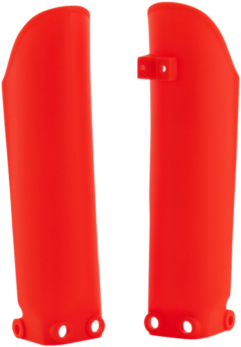 Acerbis fluorescent orange lower fork covers for inverted motorcycle forks, designed to protect and enhance bike appearance.