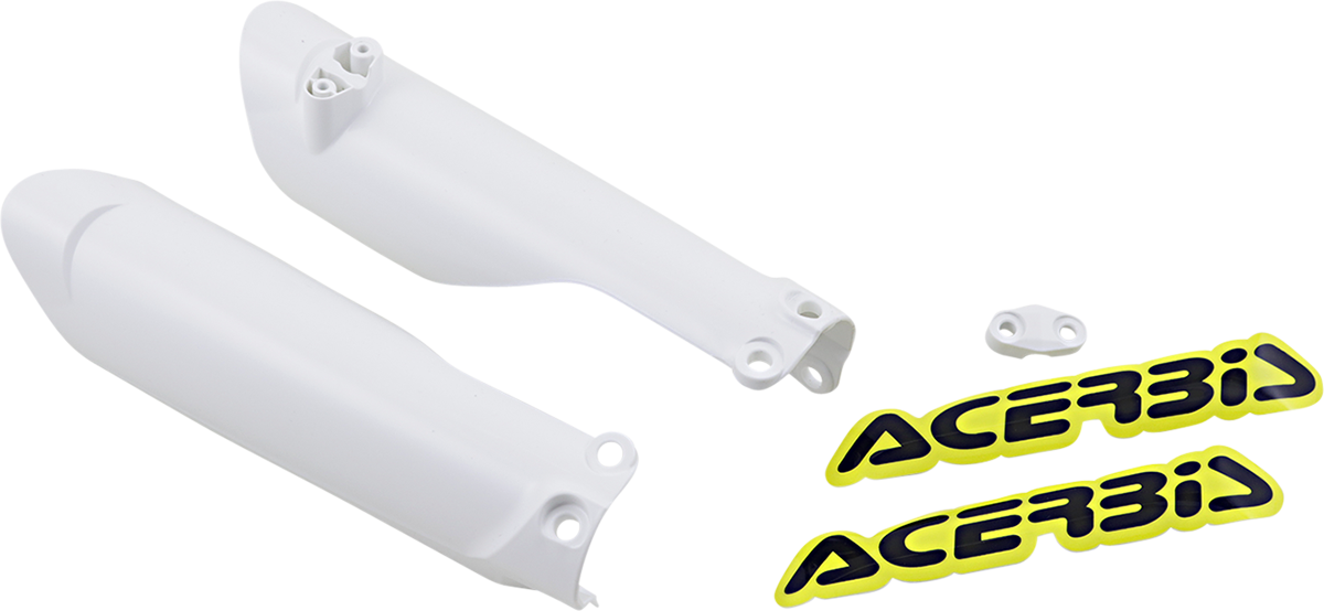 White Acerbis Lower Fork Covers for inverted motorcycle forks, designed to protect and enhance the appearance of your bike's front suspension.