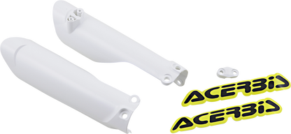 White Acerbis Lower Fork Covers for inverted motorcycle forks, designed to protect and enhance the appearance of your bike's front suspension.