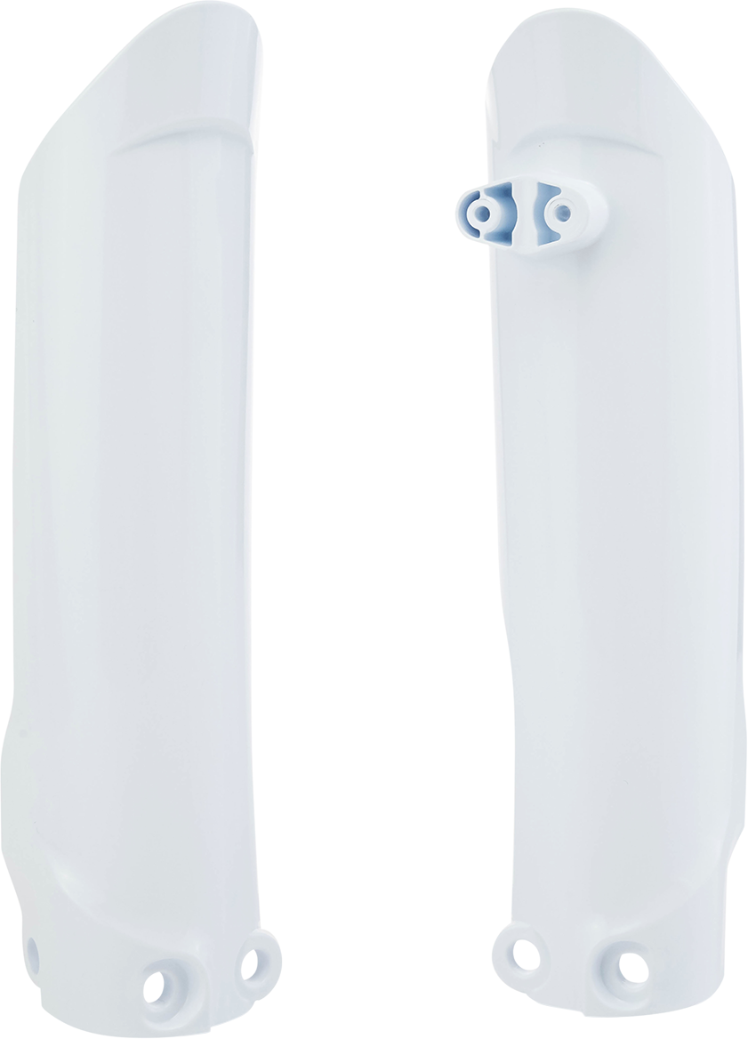 Acerbis white lower fork covers for inverted motorcycle forks, designed to fit and protect the front suspension.