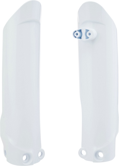 Acerbis white lower fork covers for inverted motorcycle forks, designed to fit and protect the front suspension.