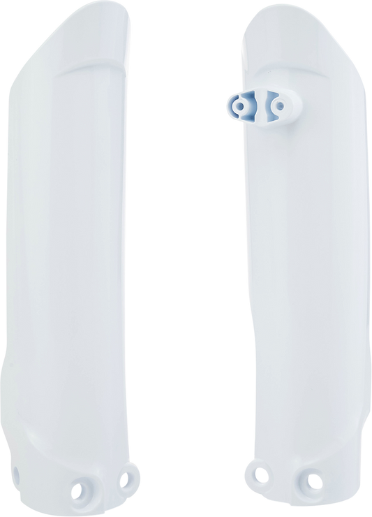 Acerbis white lower fork covers for inverted motorcycle forks, designed to fit and protect the front suspension.