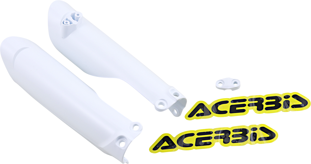 Acerbis white lower fork covers for inverted motorcycle forks, displayed on a product body image, designed for durable protection.