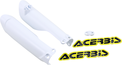 Acerbis white lower fork covers for inverted motorcycle forks, displayed on a product body image, designed for durable protection.