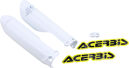 Acerbis white lower fork covers for inverted motorcycle forks, displayed on a product body image, designed for durable protection.