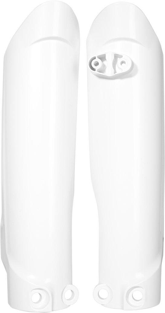 Acerbis white lower fork covers for inverted motorcycle forks, designed for durability and protection, shown on a motorcycle.