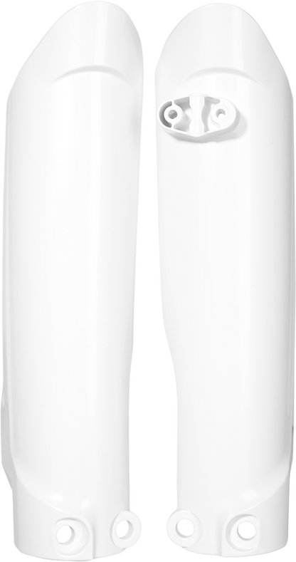 Acerbis white lower fork covers for inverted motorcycle forks, designed for durability and protection, shown on a motorcycle.