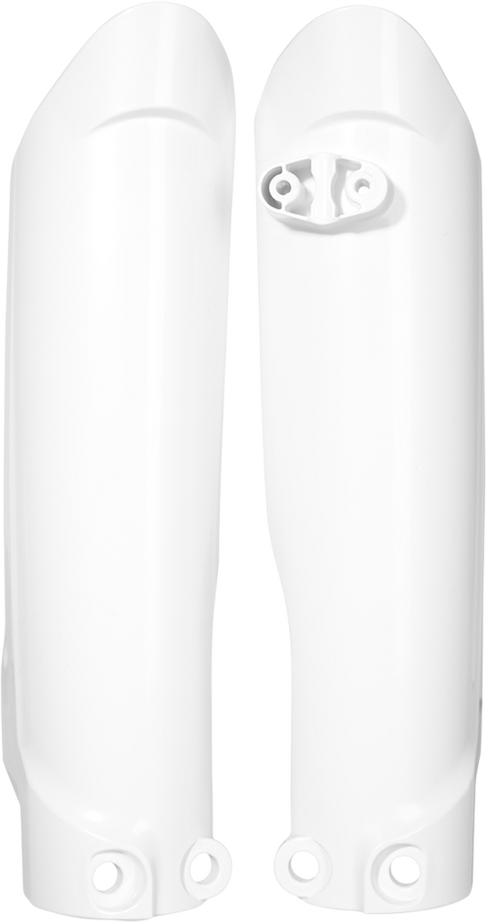 Acerbis white lower fork covers for inverted motorcycle forks, designed for durability and protection, shown on a motorcycle.