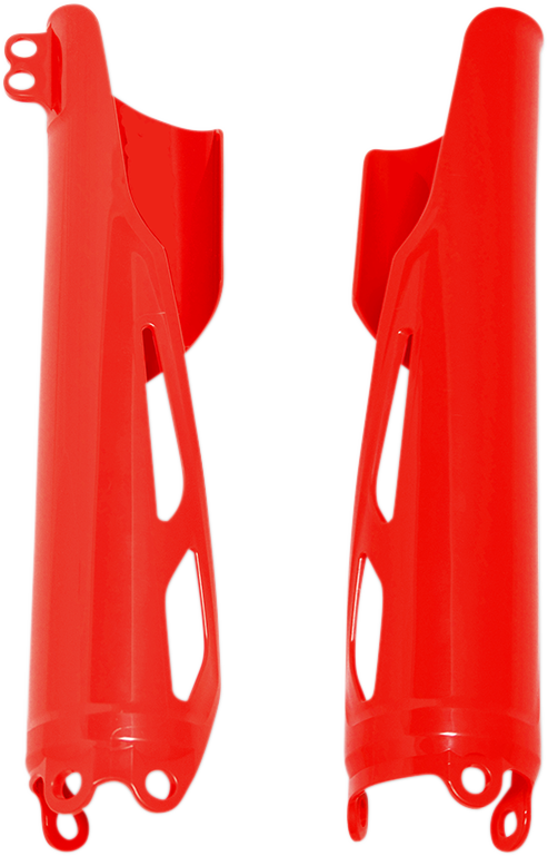 Acerbis lower fork covers in red, designed for motorcycle suspension protection, shown on a body component.