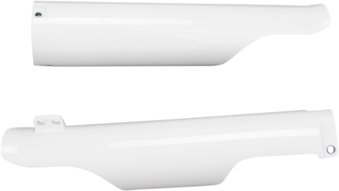 Acerbis lower fork covers in white, designed for motorcycle forks, featuring the brand’s logo and a sleek protective body design.