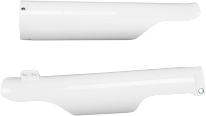 Acerbis lower fork covers in white, designed for motorcycle forks, featuring the brand’s logo and a sleek protective body design.