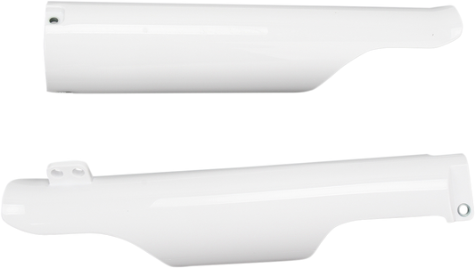 Acerbis lower fork covers in white, designed for motorcycle forks, featuring the brand’s logo and a sleek protective body design.