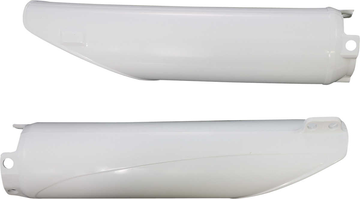 White Acerbis lower fork covers for motorcycle suspension, shown on a bike body with mounting details.