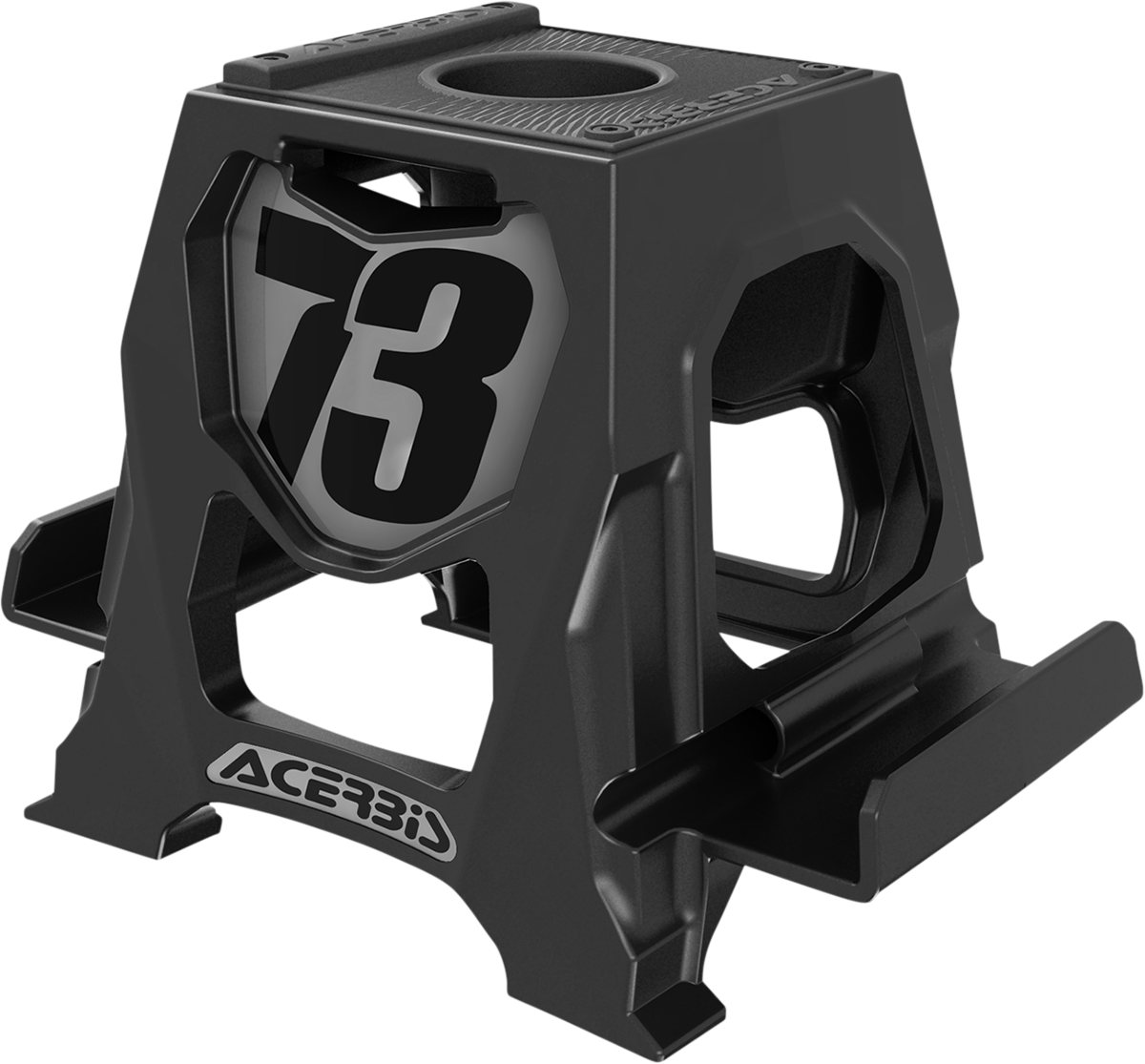 Acerbis black phone stand resting on a flat surface, showcasing its sleek design and sturdy body for secure phone support.